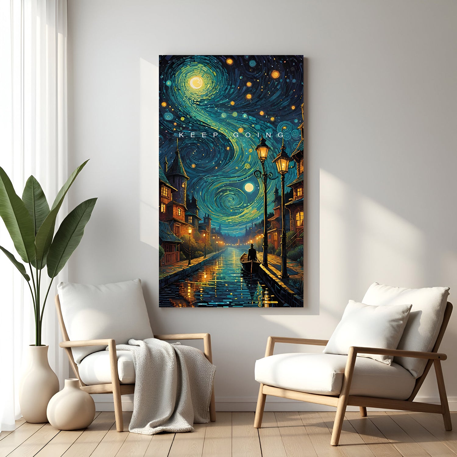 Motivational canvas without frame showing a boat on a city river with Keep Going quote above