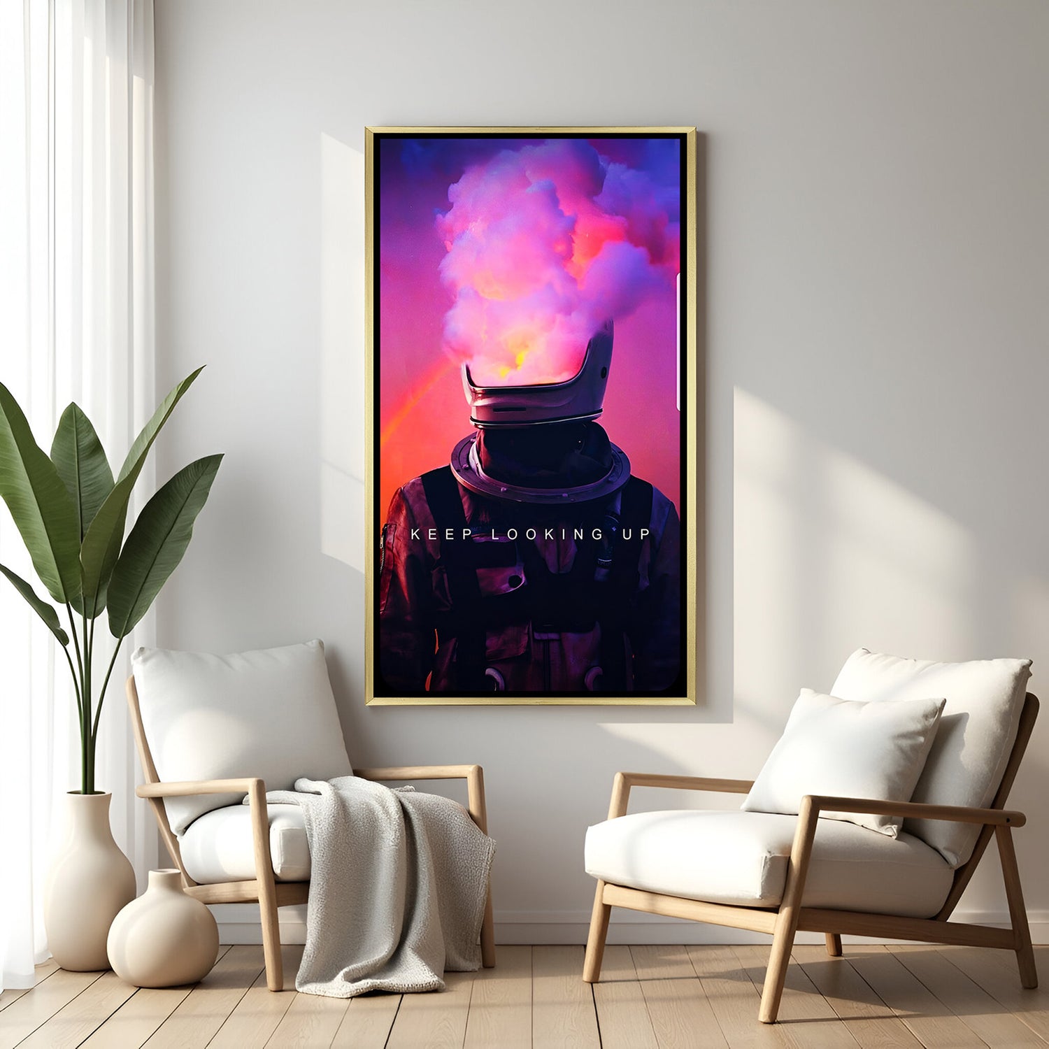 Surreal space-themed astronaut canvas in golden footer frame – perfect for modern decor and motivation
