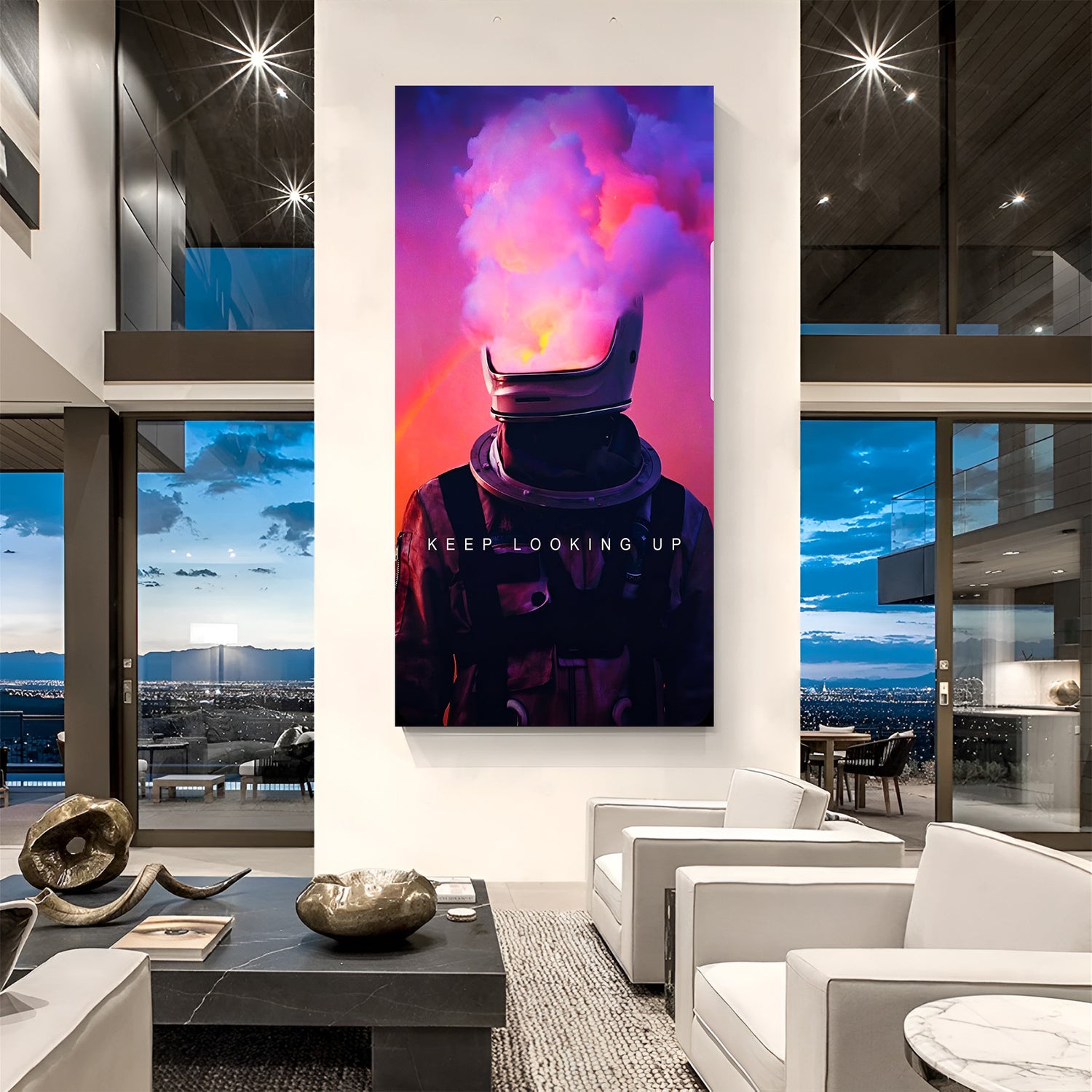 Astronaut with smoke rising from helmet and “Keep Looking Up” text – motivational canvas in frameless style