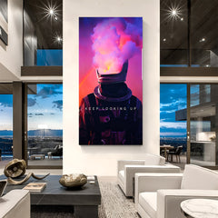 Astronaut with smoke rising from helmet and “Keep Looking Up” text – motivational canvas in frameless style