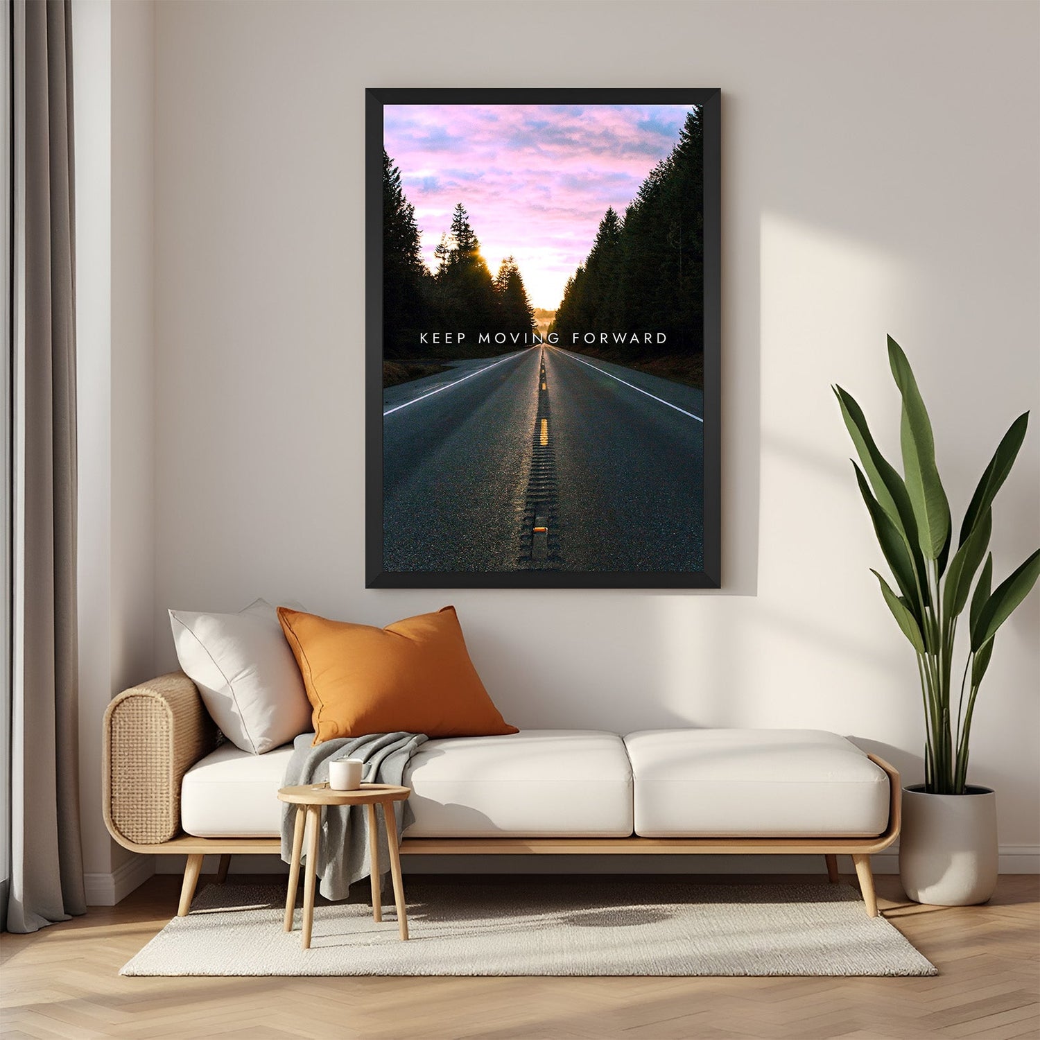 Motivational wall art with black floater frame featuring “Keep Moving Forward”