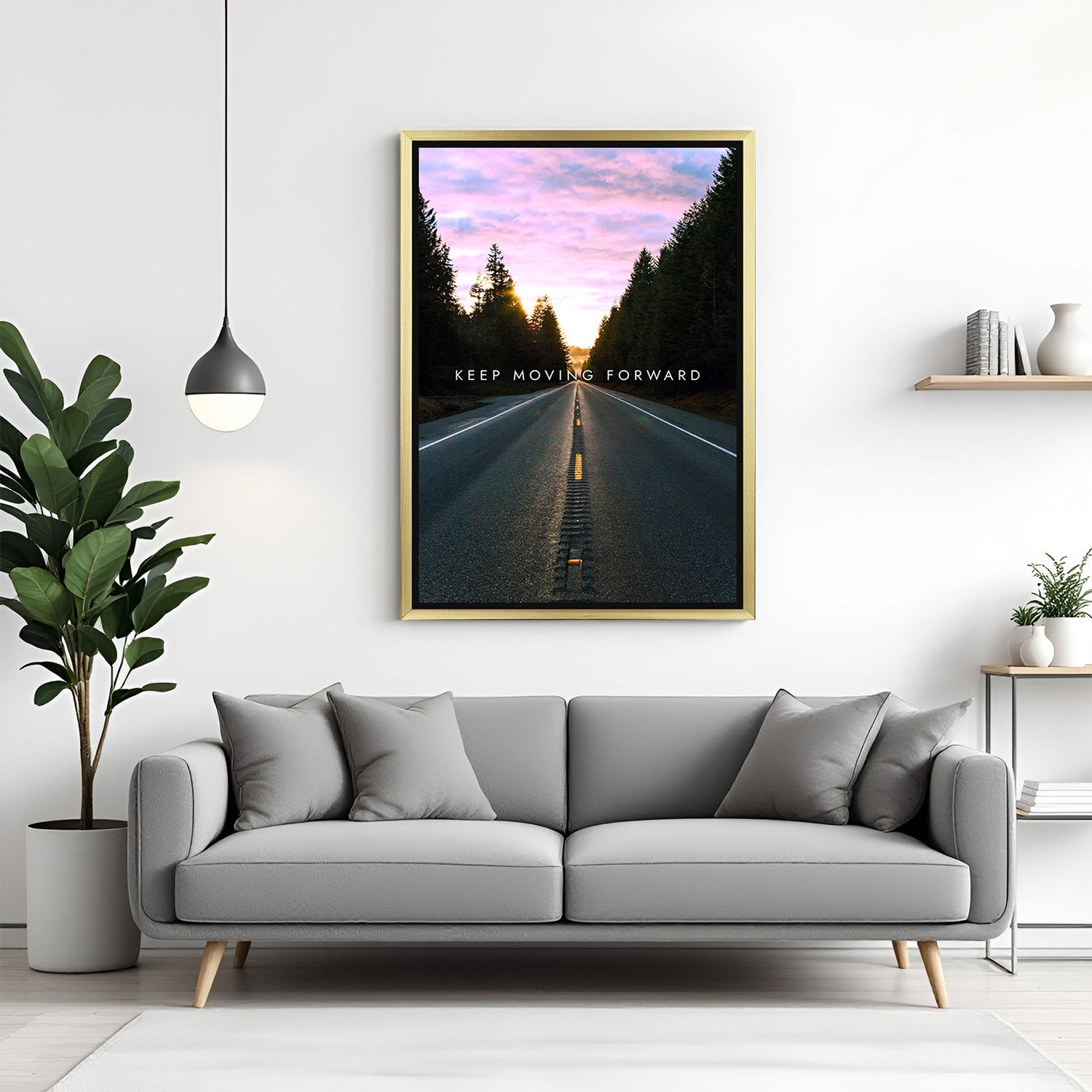 Motivational wall art with golden floater frame featuring “Keep Moving Forward”