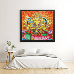 Lord Ganesha Kerala mural canvas painting in black floater frame for spiritual and South Indian wall decor
