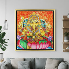 Lord Ganesha Kerala mural canvas painting in golden floater frame for elegant and divine interiors