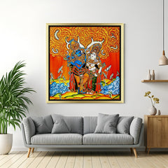Golden floater frame Kerala mural canvas art of Radha Krishna for spiritual Vastu-inspired Indian ethnic wall decoration