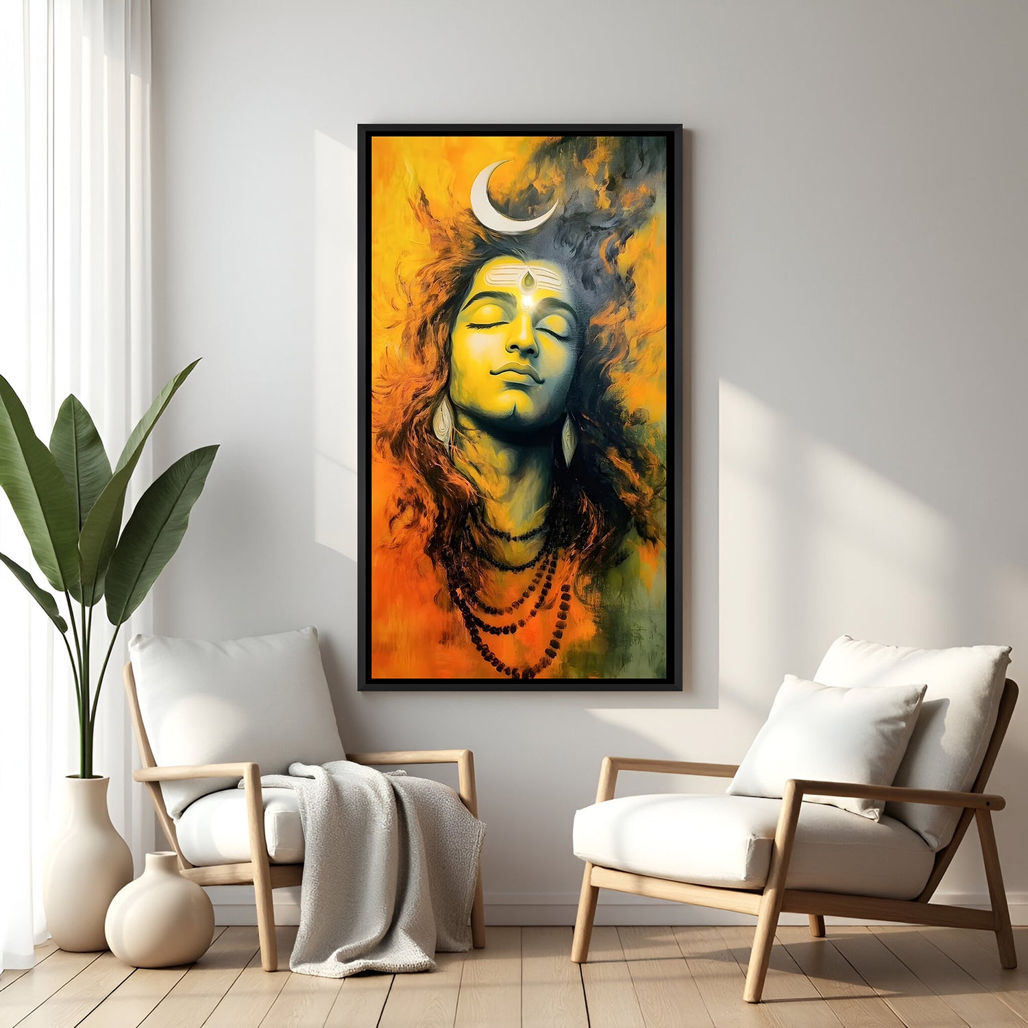 Abstract Mahadev painting with orange tones in elegant black floater frame spiritual decor