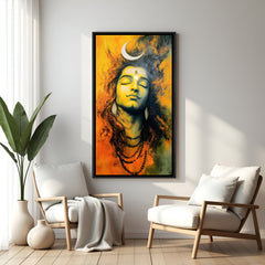 Abstract Mahadev painting with orange tones in elegant black floater frame spiritual decor