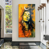 Serene Lord Shiva portrait with vibrant orange background in premium canvas wrapped frame abstract wall art