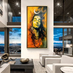 Lord Shiva abstract canvas painting with vibrant orange background in luxurious golden floater frame