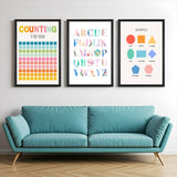Set of 3 kids educational canvas prints featuring counting 1 to 100, alphabet A–Z, and colorful basic shapes like circles, triangles, and squares