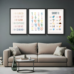 Set of 3 canvas wall art prints for kids showing positive affirmations, numbers 1–20, and short ‘E’ words like bed, red, leg – ideal for learning & positivity