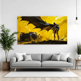 Batman standing beside his car in yellow-themed canvas wall art in premium canvas wrapped frame