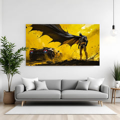 Batman standing beside his car in yellow-themed canvas wall art in premium canvas wrapped frame