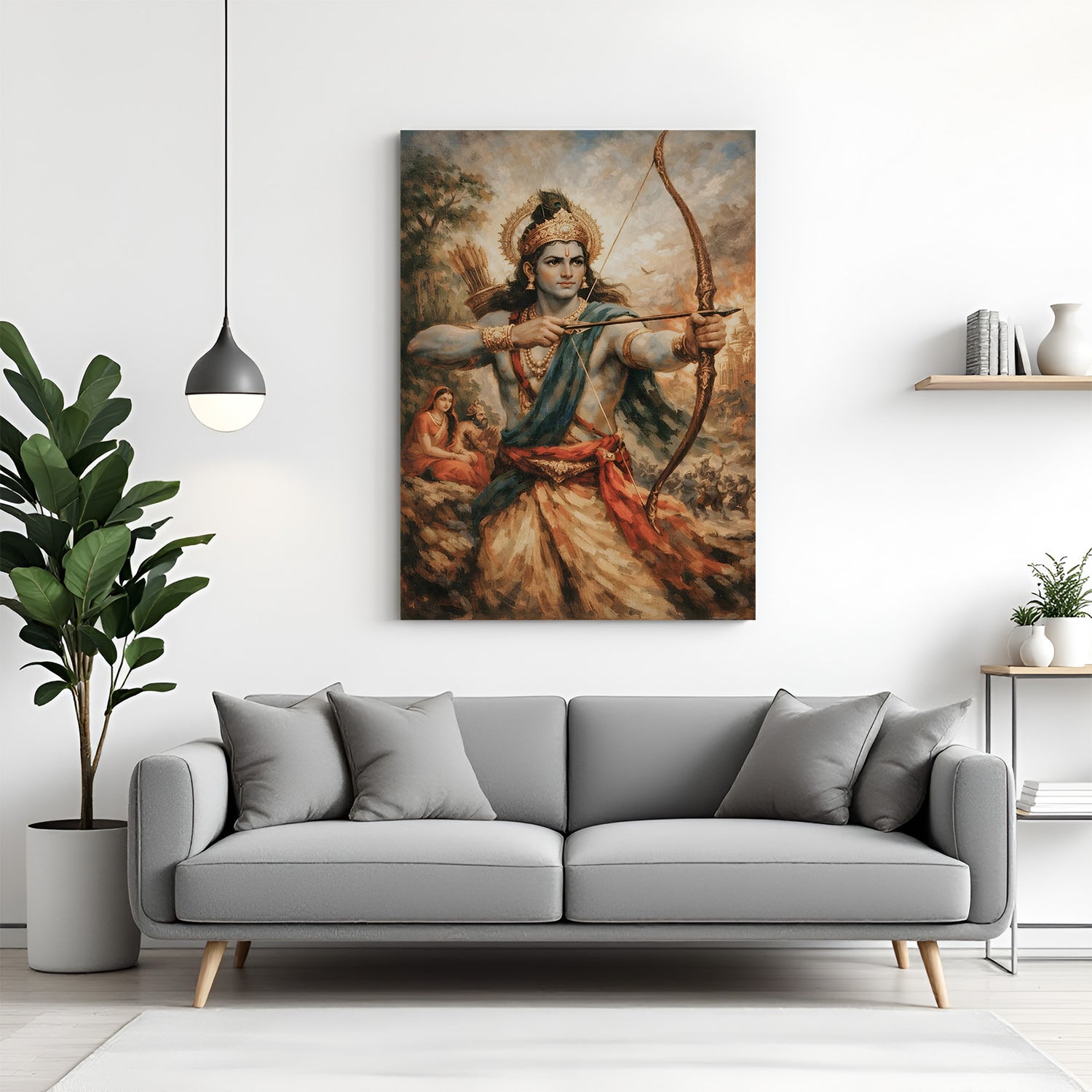 Lord Rama preparing to launch an arrow canvas wall art in premium canvas wrapped frame depicting divine warrior strength