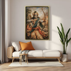 Divine Lord Rama with bow and arrow canvas painting in luxurious golden floater frame