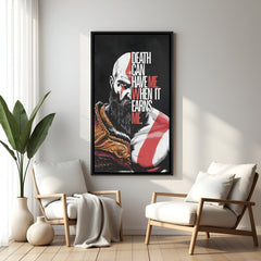 Kratos Defiance of Fate wall painting in black floater frame with powerful warrior quote artwork