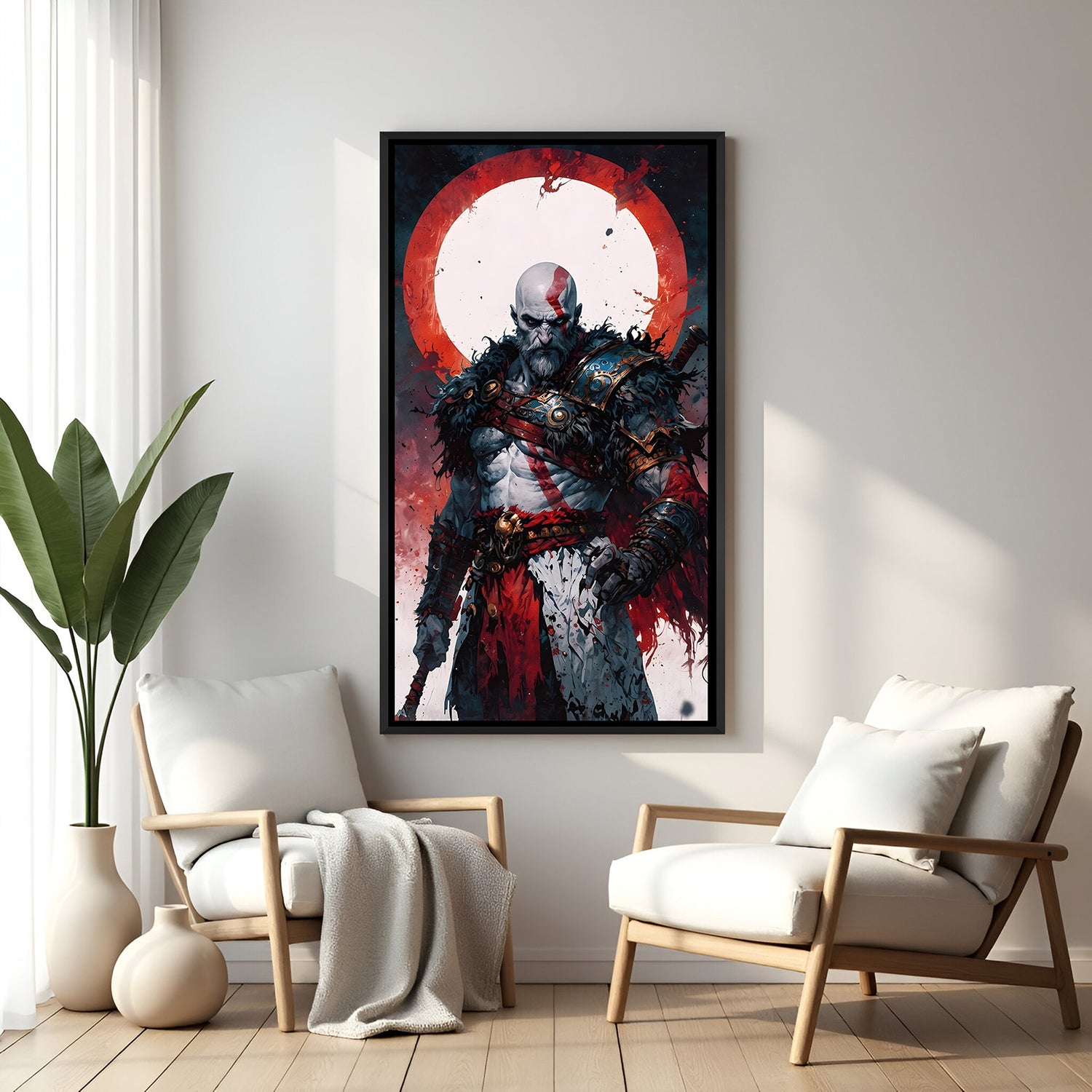 Kratos Fury Unbound wall painting in black floater frame with fierce warrior gaming artwork