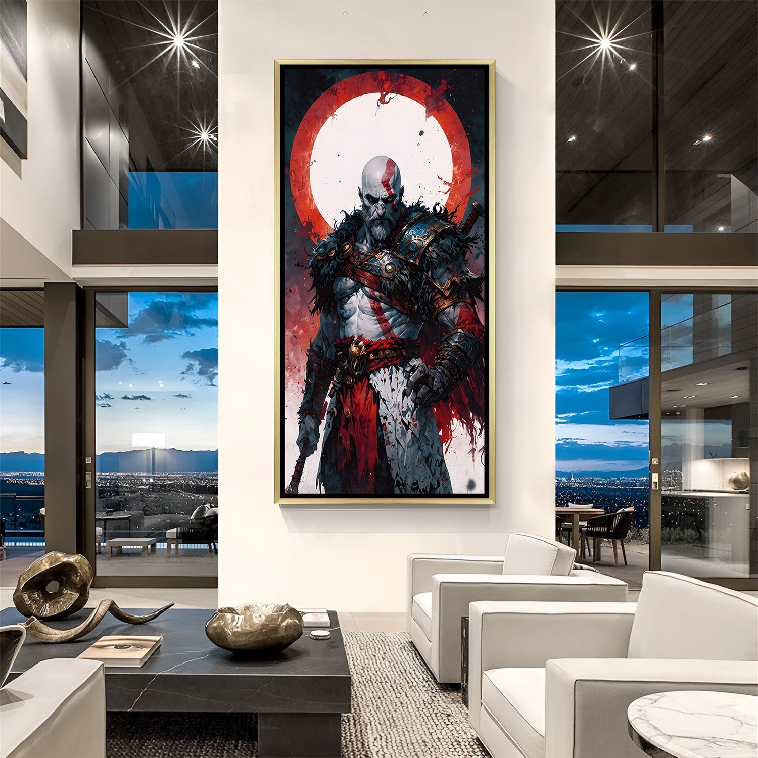 Kratos Fury Unbound artwork in luxury golden floater frame featuring powerful mythological warrior design