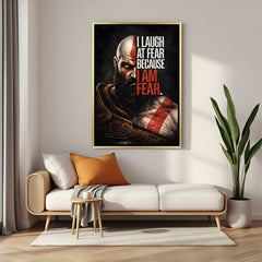 Kratos Master of Fear artwork in luxury golden floater frame featuring iconic warrior and motivational quote design