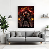 Kratos Path of Vengeance canvas wall art featuring back pose warrior in attacking stance in premium canvas wrapped frame