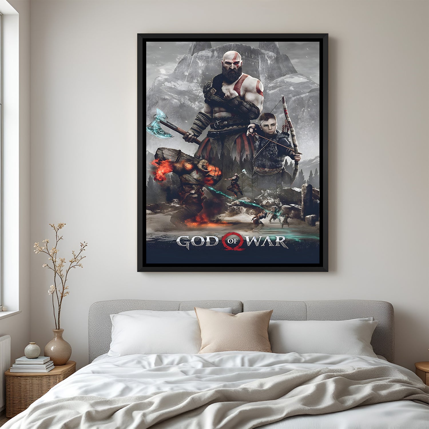 Kratos Realmbreaker wall painting in black floater frame with cinematic warrior gaming artwork