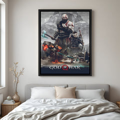 Kratos Realmbreaker wall painting in black floater frame with cinematic warrior gaming artwork