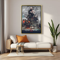 Kratos Realmbreaker artwork in luxury golden floater frame featuring powerful mythological warrior design