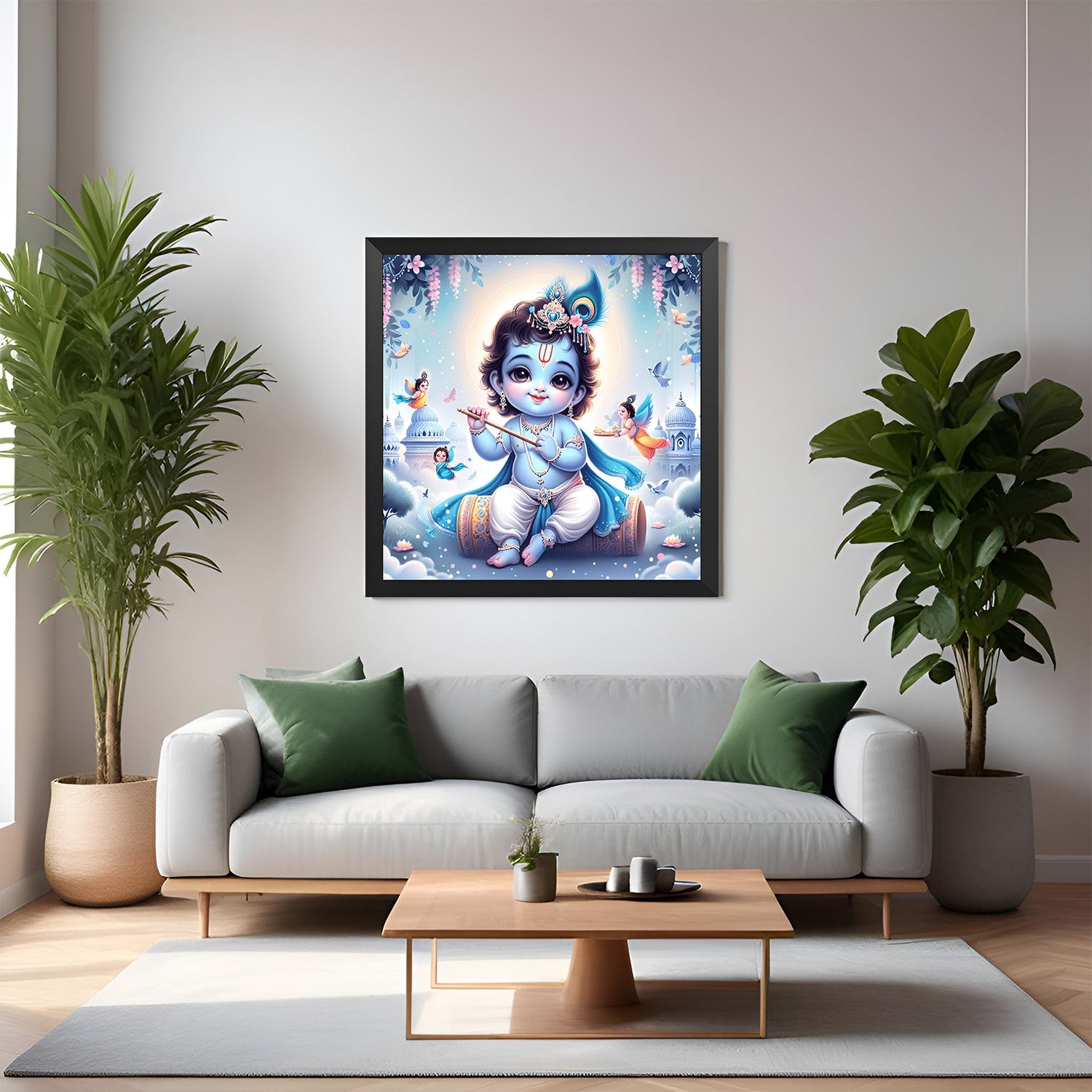 Krishna baal roop canvas painting in black floater frame with vastu alignment, Indian spiritual energy, and traditional child Krishna symbolism