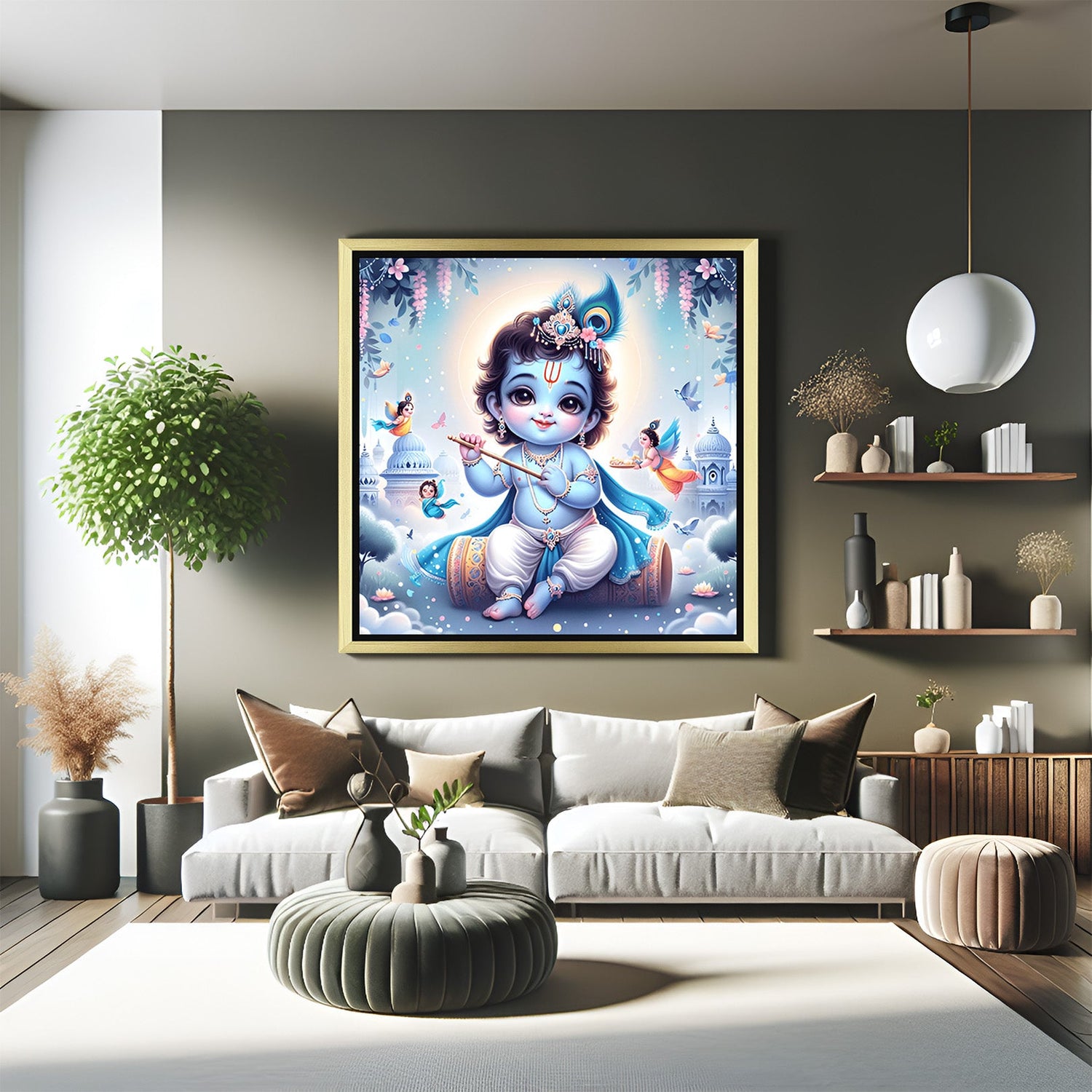Krishna baal roop vastu painting in golden floater frame for traditional Indian decor with sacred charm, positivity, and childlike joy