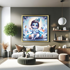 Krishna baal roop vastu painting in golden floater frame for traditional Indian decor with sacred charm, positivity, and childlike joy