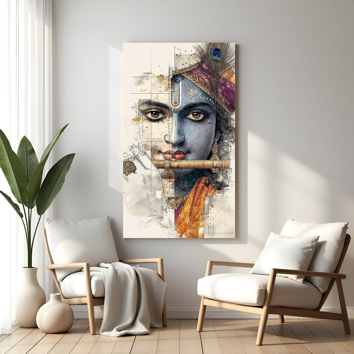 Lord Krishna canvas wall art with flute in canvas wrap style