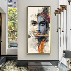 Luxurious golden frame Krishna wall art for living room
