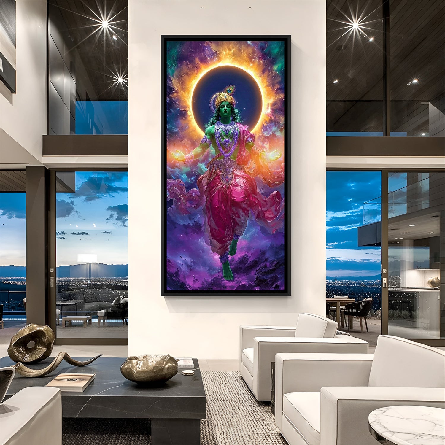 krishna ji vishwaroop wall art in black floater frame radiating strength devotion and divine energy for living room and temple space