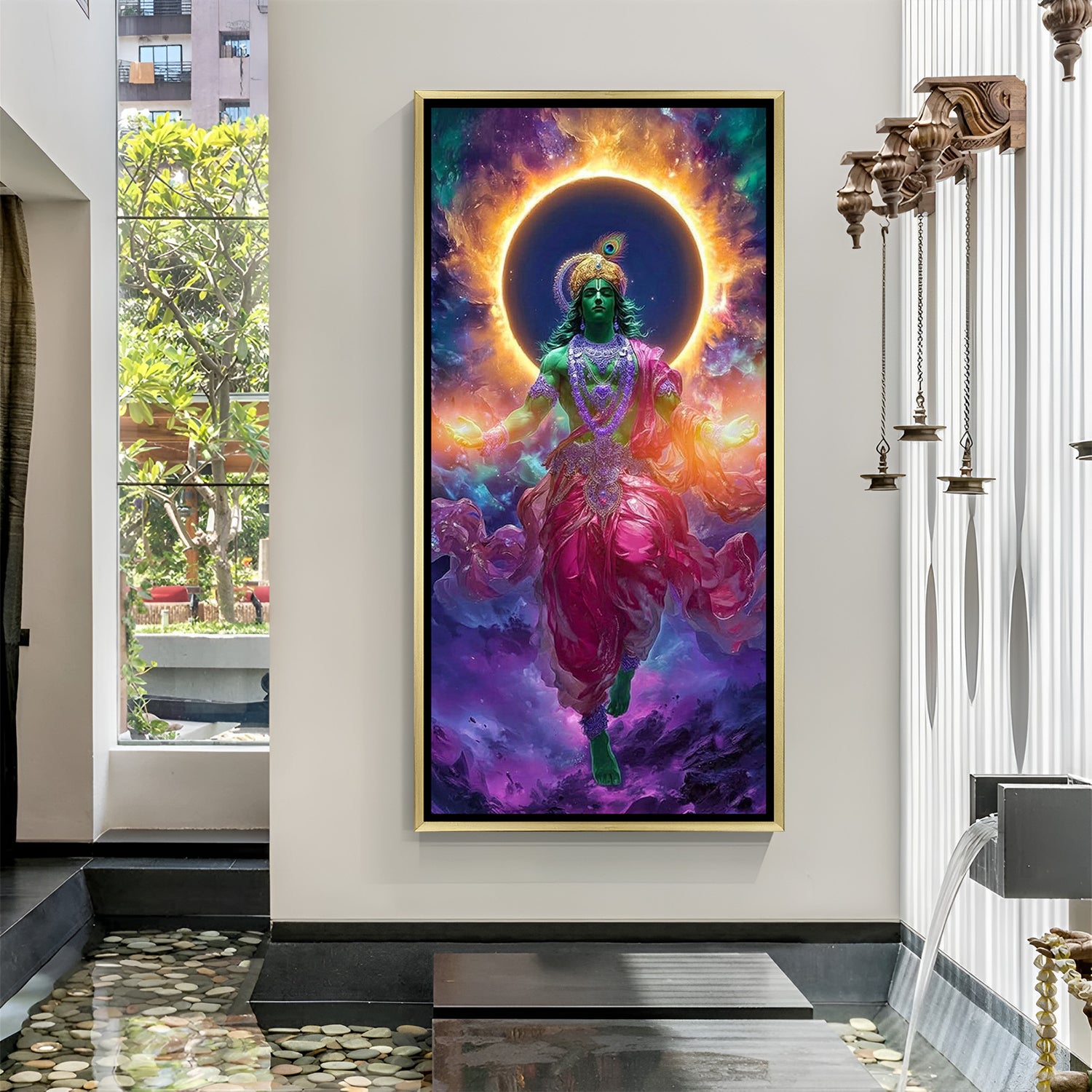 majestic krishna cosmic form canvas in golden frame symbolizing spiritual awakening devotion and powerful positive vibes for vastu home decor