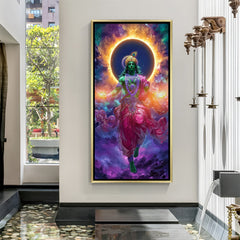 majestic krishna cosmic form canvas in golden frame symbolizing spiritual awakening devotion and powerful positive vibes for vastu home decor