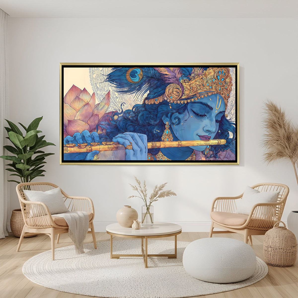 Elegant Krishna flute wall art in gold frame with peacock feather and lotus detailing.