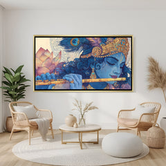 Elegant Krishna flute wall art in gold frame with peacock feather and lotus detailing.