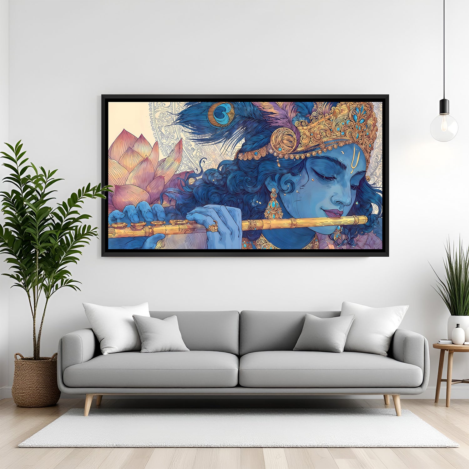 Lord Krishna playing flute panoramic artwork in black frame displayed on teal wall.