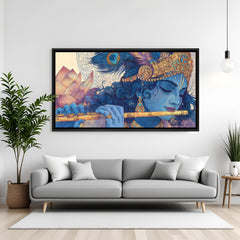 Lord Krishna playing flute panoramic artwork in black frame displayed on teal wall.