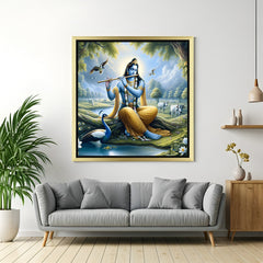 Golden floater frame Lord Krishna with flute canvas painting for home and office, enhancing peace and spiritual elegance as per Vastu