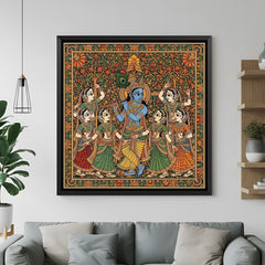 Krishna flute playing Madhubani artwork with gopis in elegant black floater frame for spiritual decor