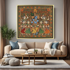 Divine Krishna with gopis Madhubani painting canvas in golden floater frame with traditional folk design