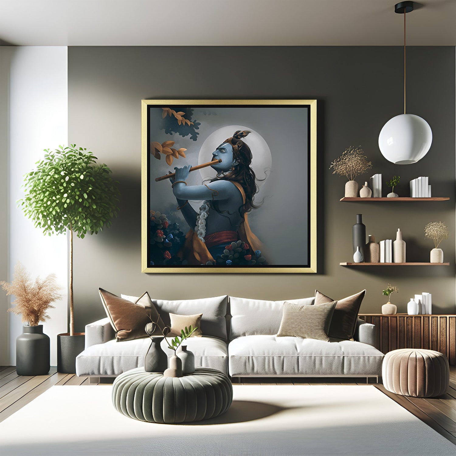 Krishna canvas wall art in golden floater frame for office and living space, combining spiritual balance, vastu alignment, and traditional beauty