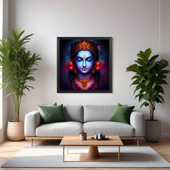 Black floater frame Krishna canvas painting for Pooja room decor, ideal for spiritual energy and Vastu harmony in devotional spaces