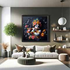 Lord Krishna Canvas Painting in black floater frame for Vastu-based home decor, ideal for spiritual spaces and devotional ambiance