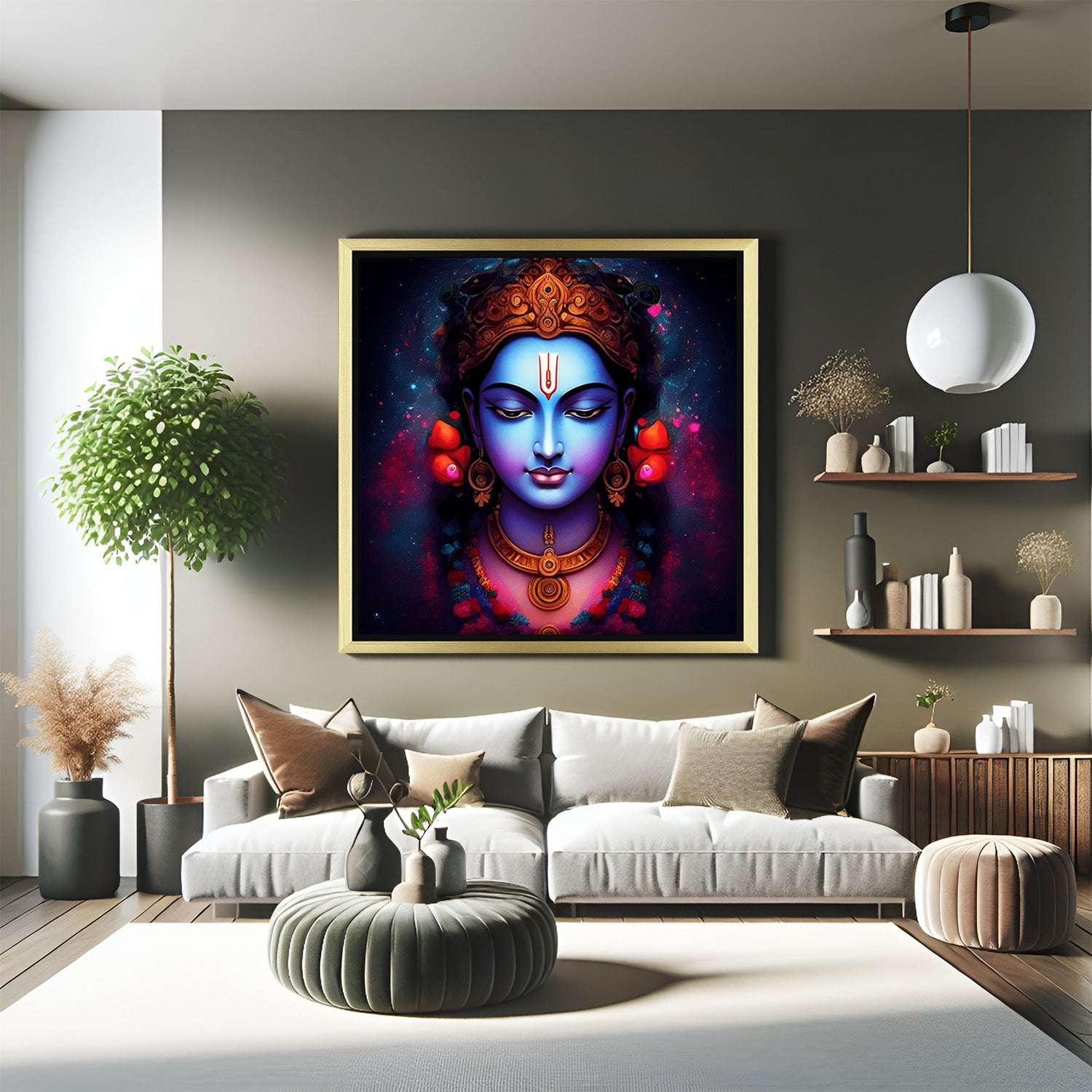 Golden floater frame Krishna wall art canvas for Pooja room, enhancing divine presence and positive Vastu energy in your home