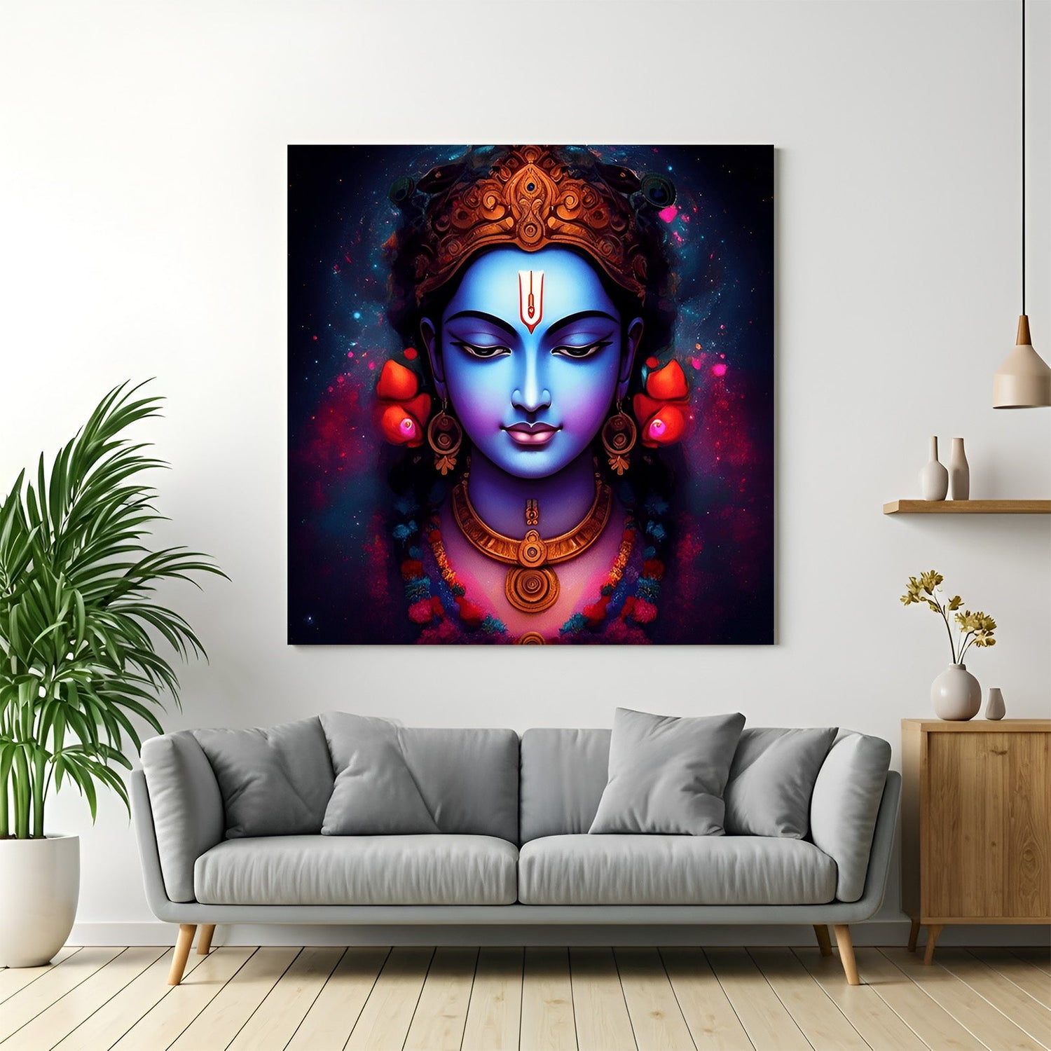 Krishna Vastu canvas wall art painting for Pooja room decoration, promoting peace, devotion, and divine energy in spiritual home spaces