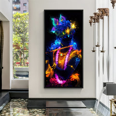 krishna ji wall art framed in black floater frame with bright colors and detailed artwork ideal for living room hallway or meditation area decor