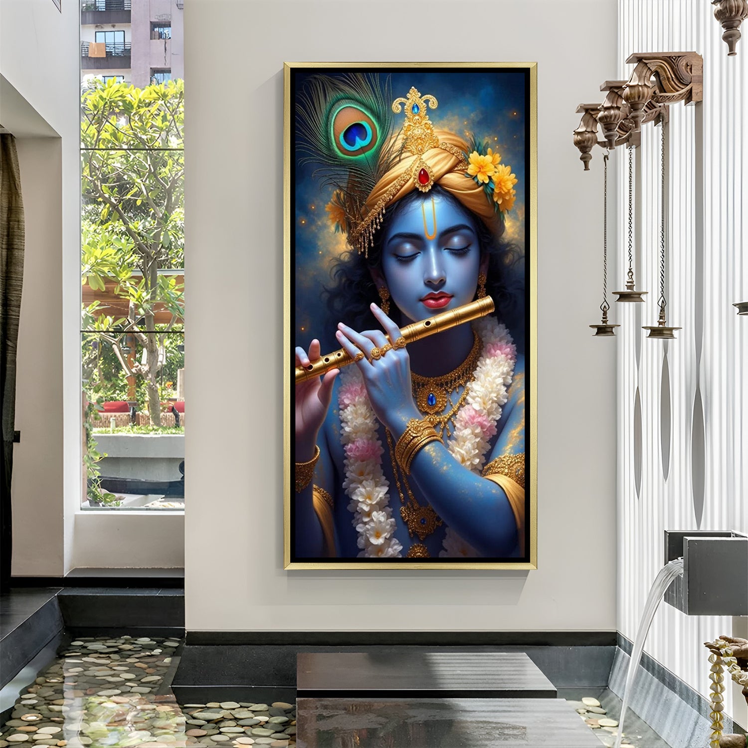 krishna ji playing flute canvas painting with golden floater frame adding elegant divine and aesthetic wall decor for home temple or living room