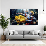 Blue Lord Vishnu resting on the cosmic ocean surrounded by divine celestial orbs in premium canvas wrapped frame